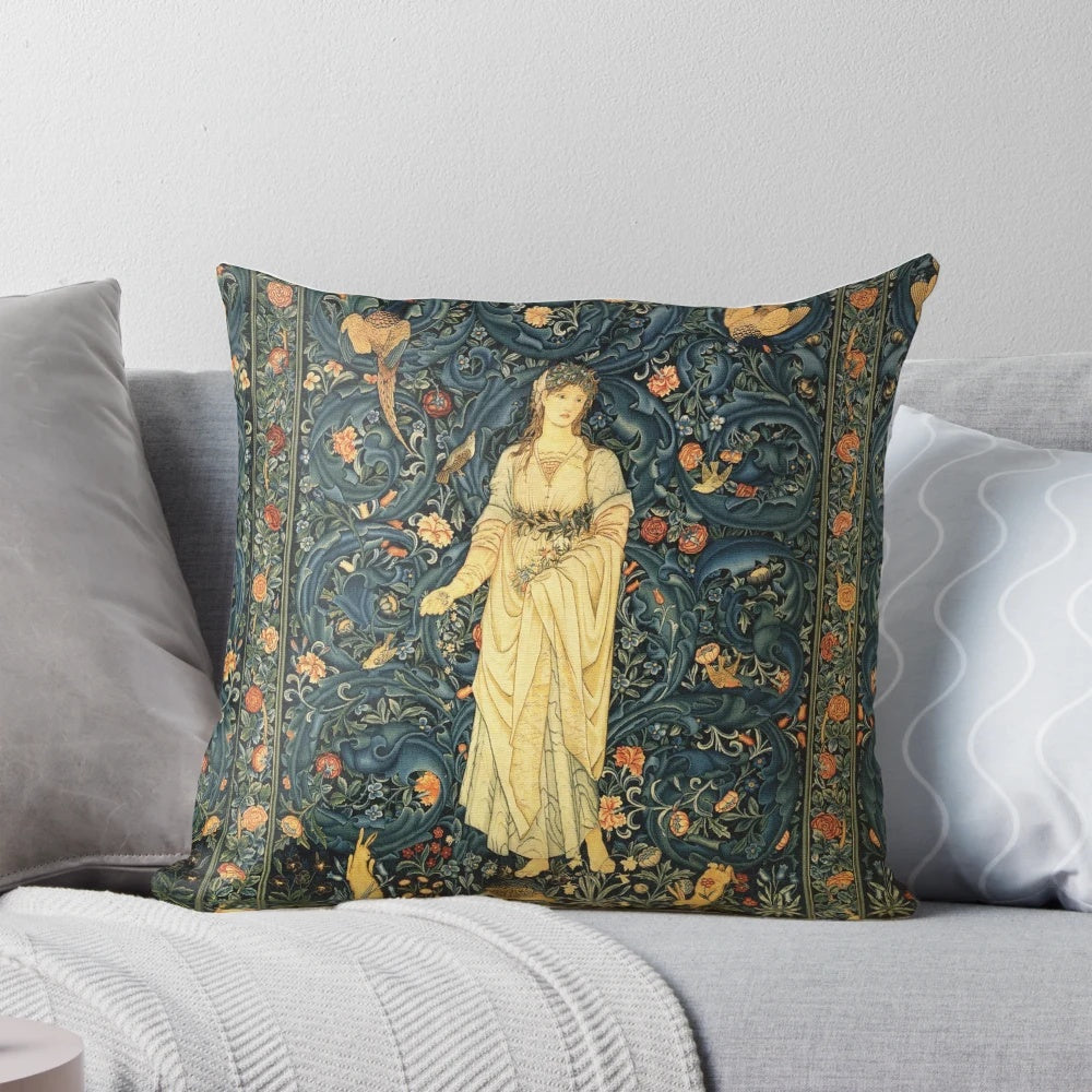Decorative floral tapestry pillow featuring forest animals and lush greenery