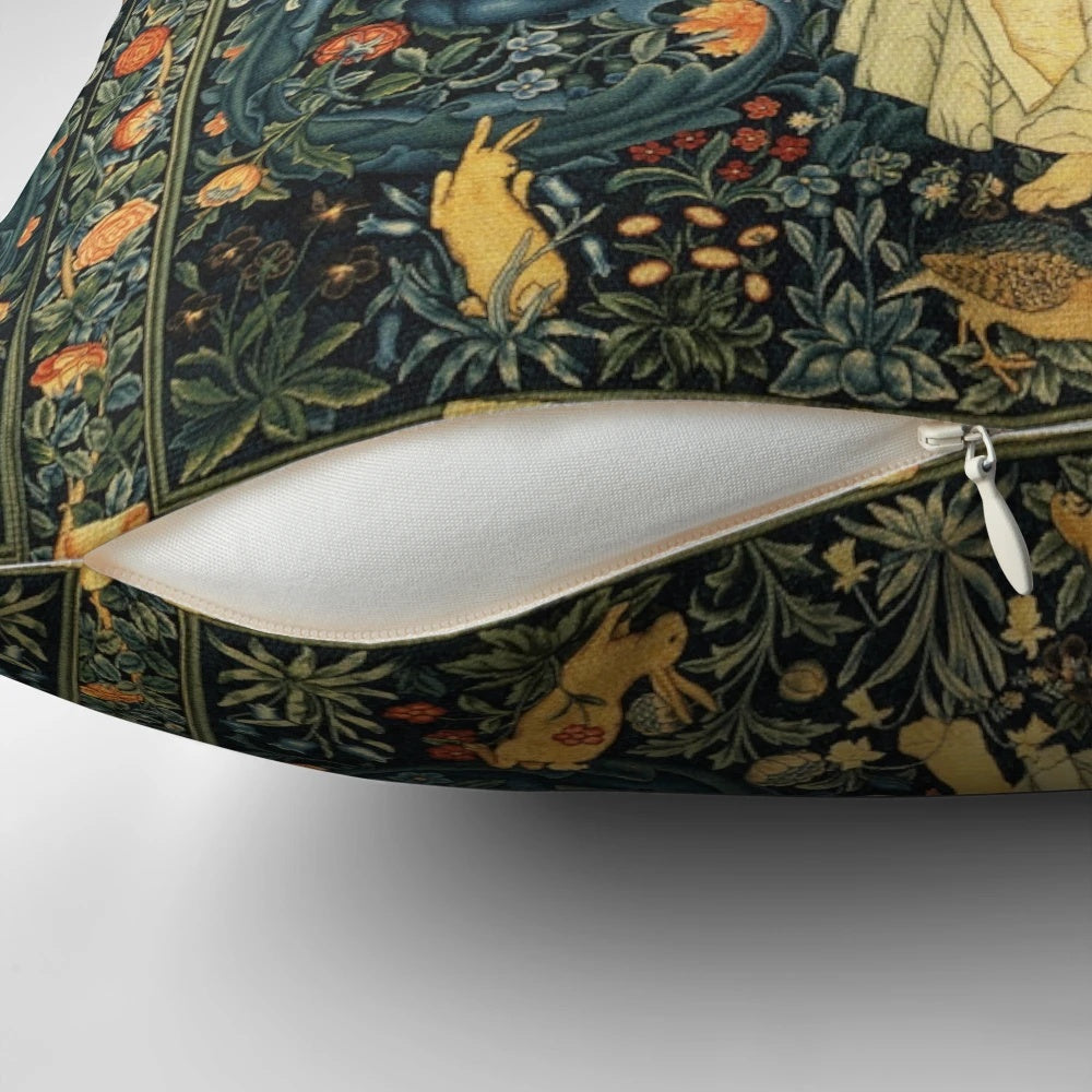 Decorative floral tapestry pillow featuring forest animals and lush greenery