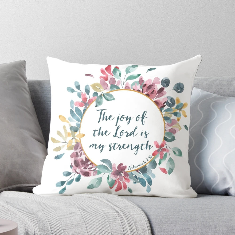 Floral watercolor 'The Joy of the Lord' Bible verse decorative pillow