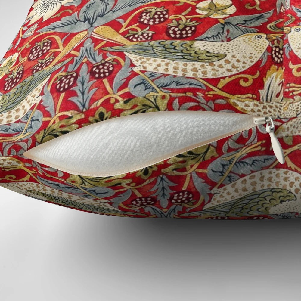 Decorative floral throw pillow featuring the iconic "Strawberry Thief" design by William Morris