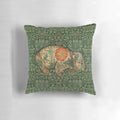 Decorative pillow featuring a wombat in a green floral garden, inspired by the art of Dante Gabriel Rossetti and William Morris