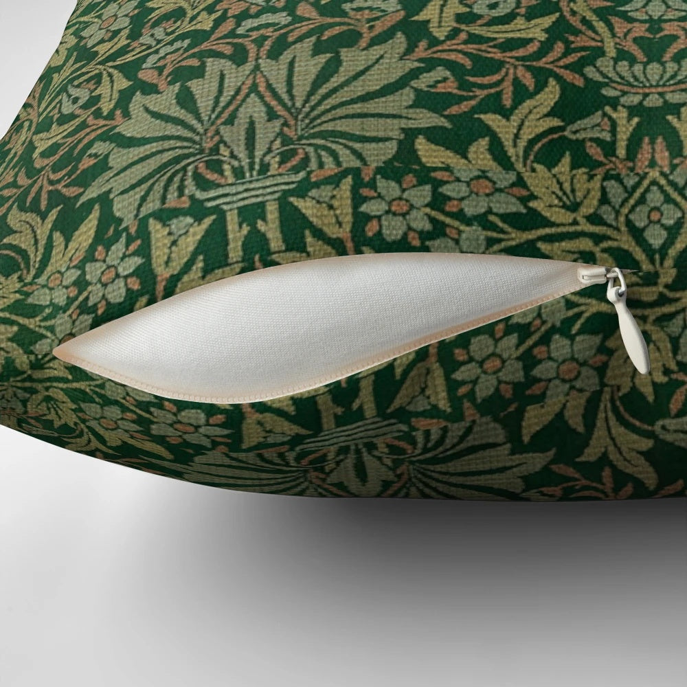 Decorative pillow featuring a wombat in a green floral garden, inspired by the art of Dante Gabriel Rossetti and William Morris