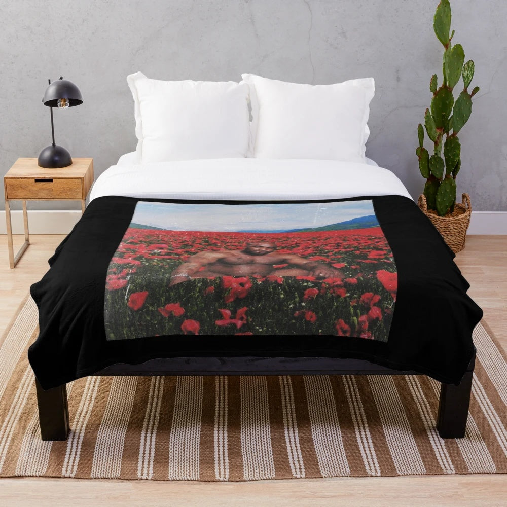 Plush blanket with an image of the famous Barry Wood meme in a flower field