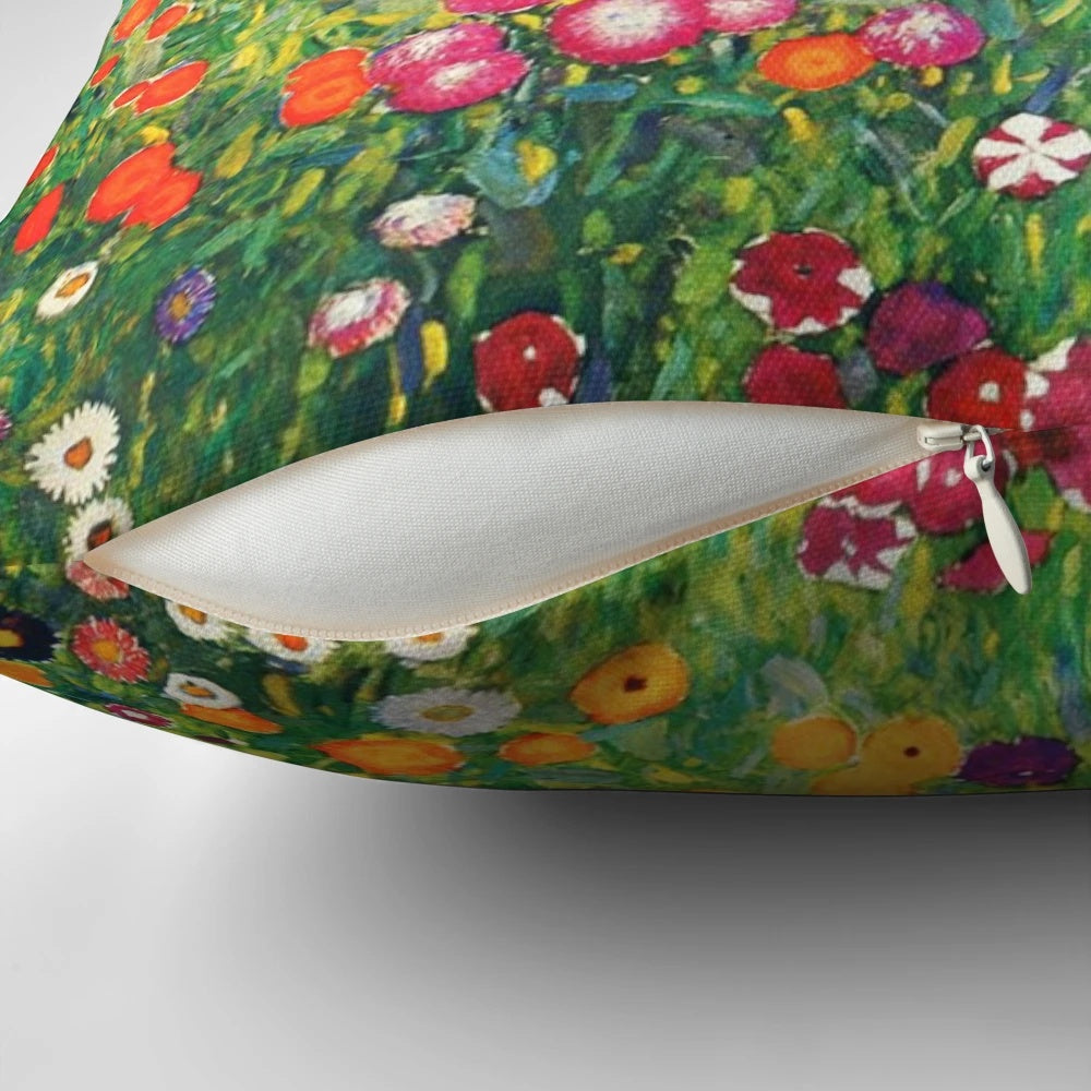 Vintage throw pillow featuring the iconic Flower Garden painting by Gustav Klimt