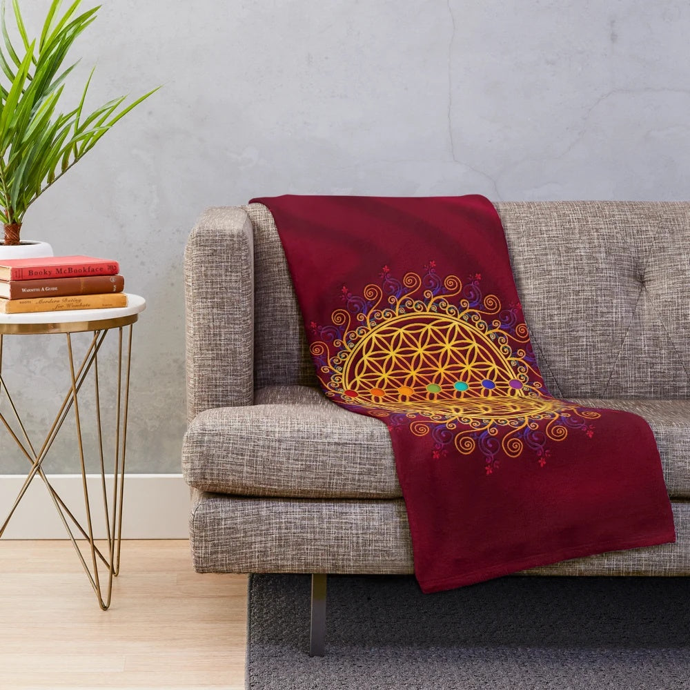 Flower of Life Plush Blanket featuring sacred geometry and chakra design