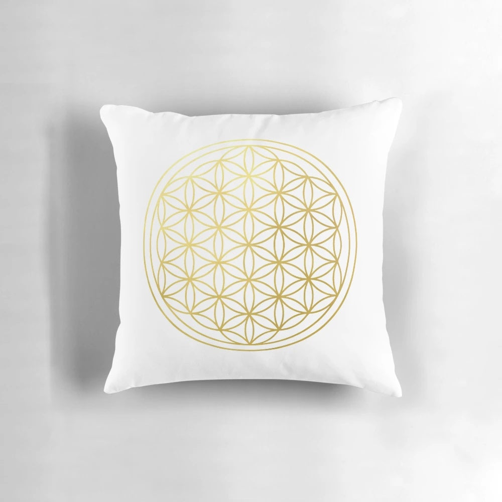 Flower of Life sacred geometry mandala design printed on a soft, comfortable pillow for healing and spiritual protection.