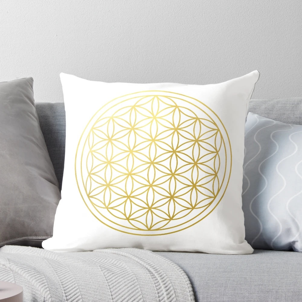 Flower of Life sacred geometry mandala design printed on a soft, comfortable pillow for healing and spiritual protection.