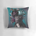 A floral-adorned Aden pillow, featuring a pit bull wearing a flower crown, symbolizing love and rescue for dogs.