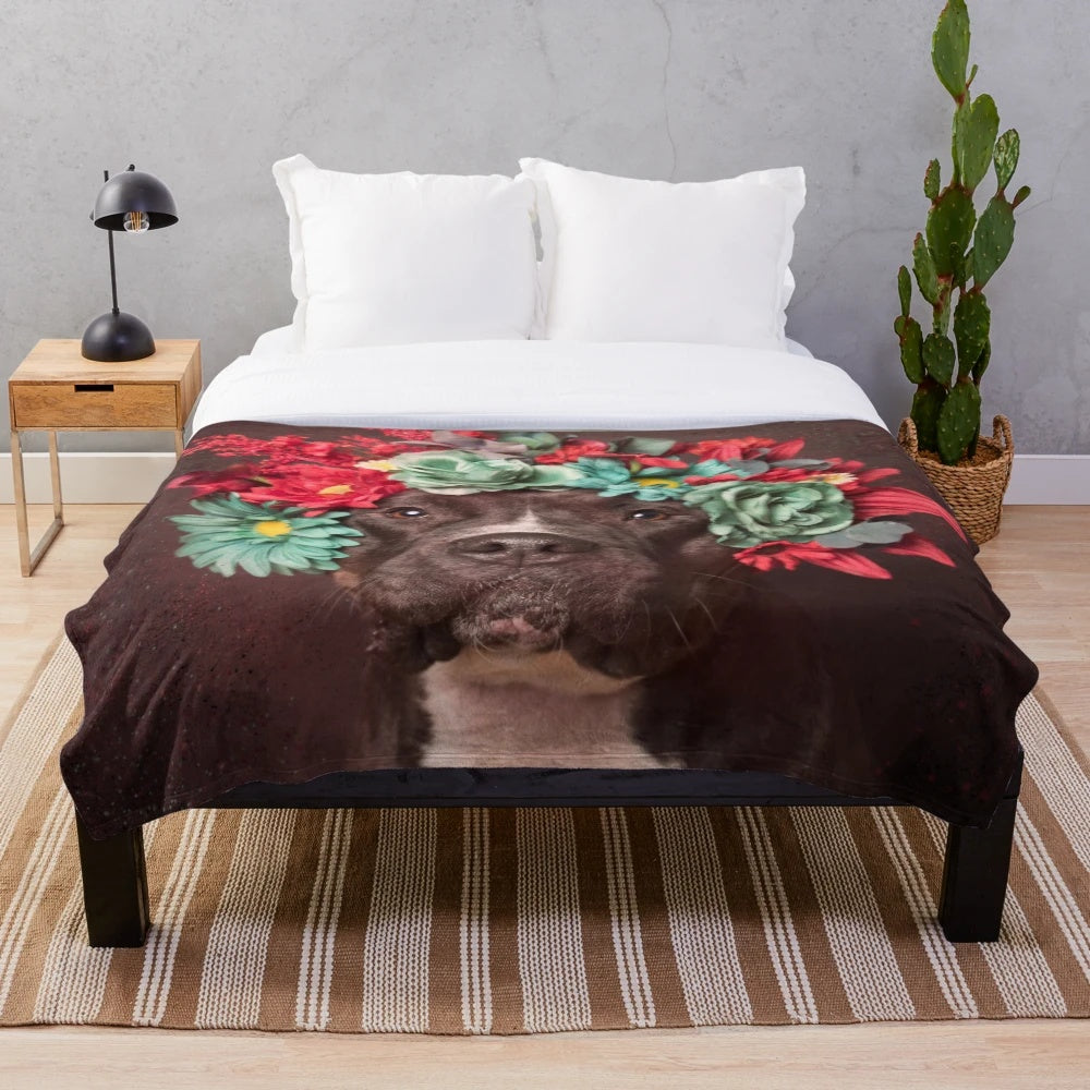 Flower Power Molly Plush Blanket featuring a pitbull dog in a flower crown