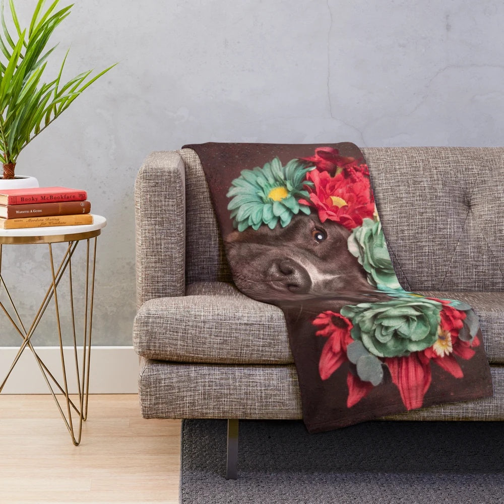 Flower Power Molly Plush Blanket featuring a pitbull dog in a flower crown