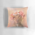 A colorful pillow featuring a pit bull wearing a flower crown, representing the power of rescue dogs.