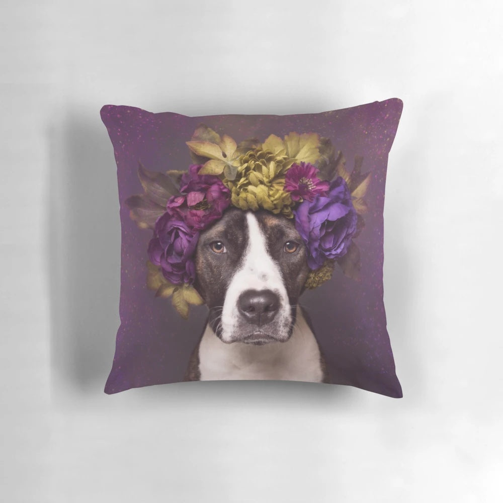 Flower Power Pitbull Dog Pillow featuring a dog in a flower crown