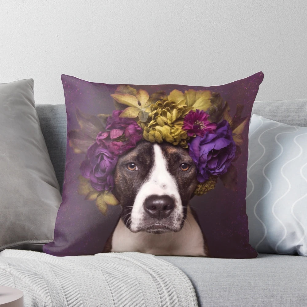 Flower Power Pitbull Dog Pillow featuring a dog in a flower crown