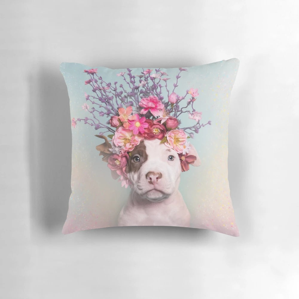 Colorful floral throw pillow featuring a pit bull or staffordshire terrier dog with a flower crown