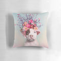 Colorful floral throw pillow featuring a pit bull or staffordshire terrier dog with a flower crown