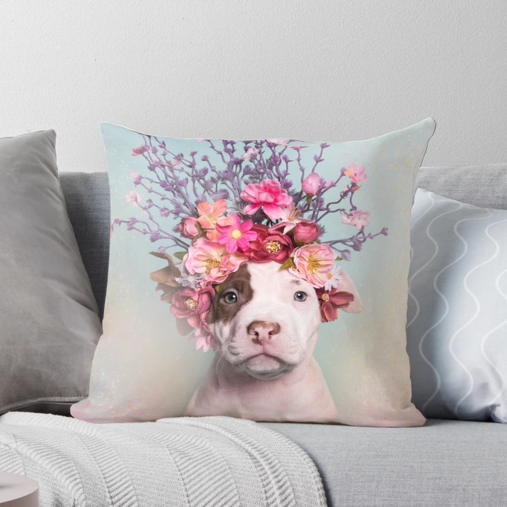 Colorful floral throw pillow featuring a pit bull or staffordshire terrier dog with a flower crown