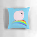 Soft, fluffy unicorn-themed decorative pillow with a dancing unicorn on a rainbow background.