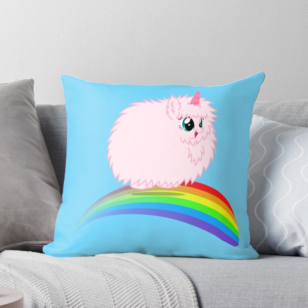 Soft, fluffy unicorn-themed decorative pillow with a dancing unicorn on a rainbow background.