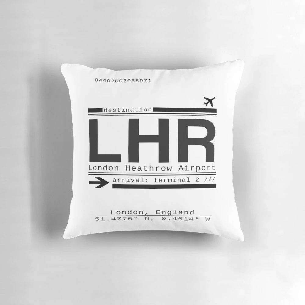 Soft, decorative pillow featuring the iconic LHR airport code for London Heathrow