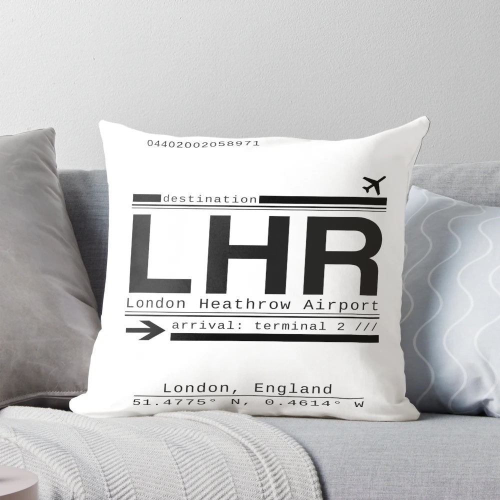 Soft, decorative pillow featuring the iconic LHR airport code for London Heathrow