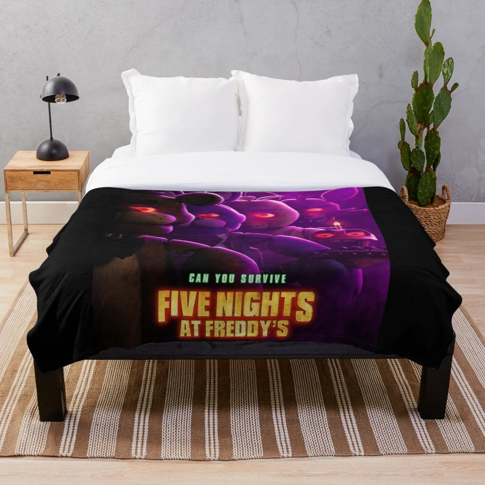 Fnaf movie plush blanket featuring Freddy and other characters from the Five Nights at Freddy's game series