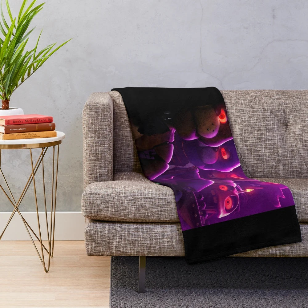 Fnaf movie plush blanket featuring Freddy and other characters from the Five Nights at Freddy's game series