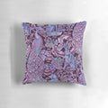 Decorative throw pillow featuring a whimsical forest animal and peacock floral pattern in shades of blue and purple.