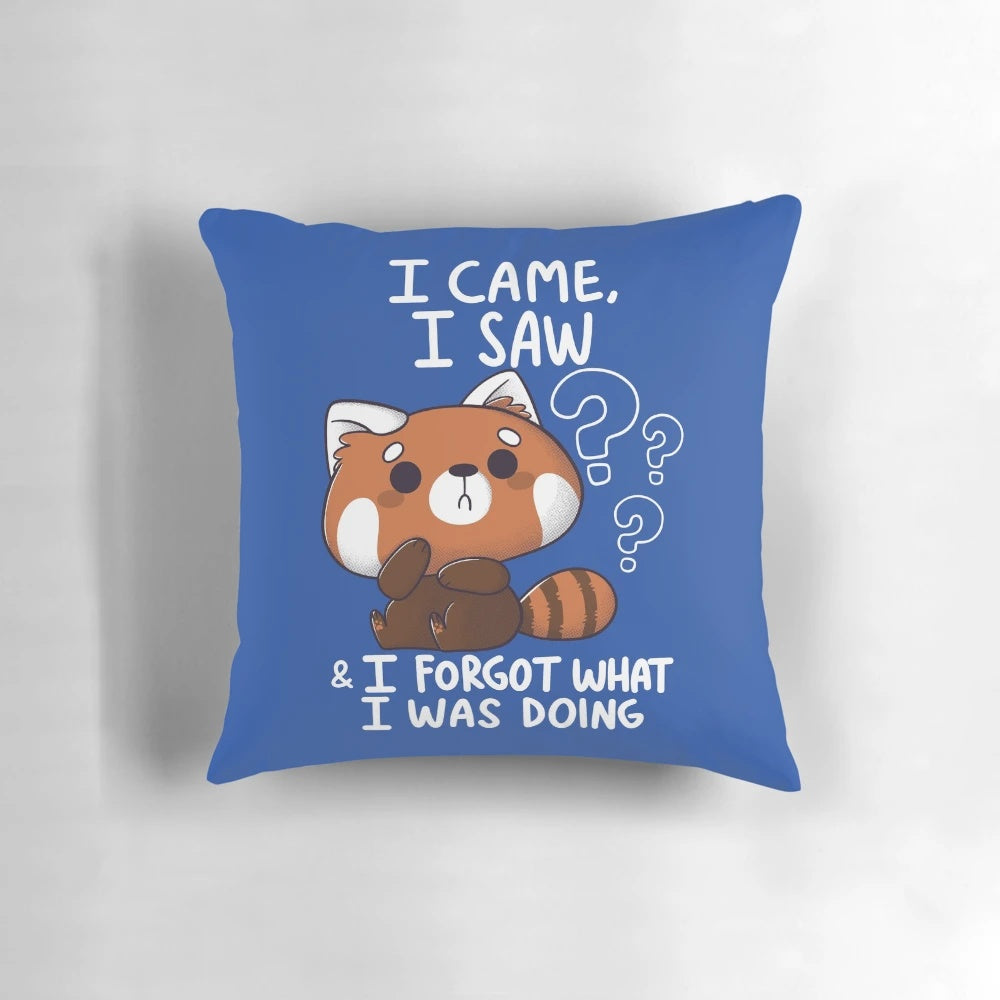 Plush red panda pillow with a forgetful expression, perfect for animal lovers and sarcasm enthusiasts.