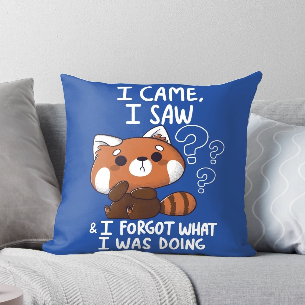 Plush red panda pillow with a forgetful expression, perfect for animal lovers and sarcasm enthusiasts.