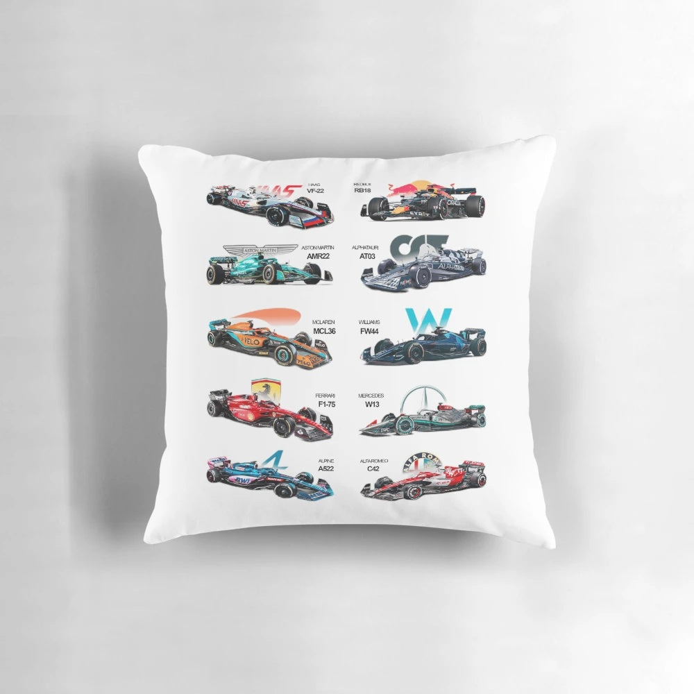 A plush, high-quality pillow featuring all the cars and drivers from the 2022 Formula 1 season