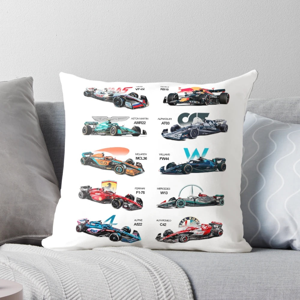 A plush, high-quality pillow featuring all the cars and drivers from the 2022 Formula 1 season