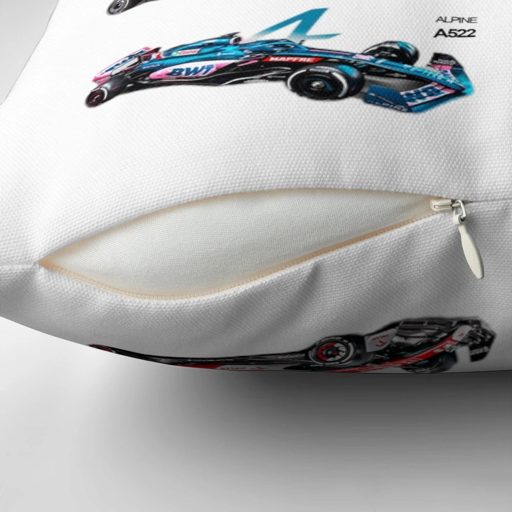 A plush, high-quality pillow featuring all the cars and drivers from the 2022 Formula 1 season