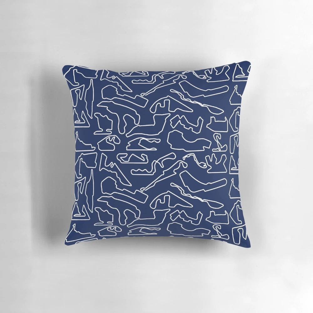 Dark blue throw pillow featuring the 2023 Formula 1 racing circuit tracks