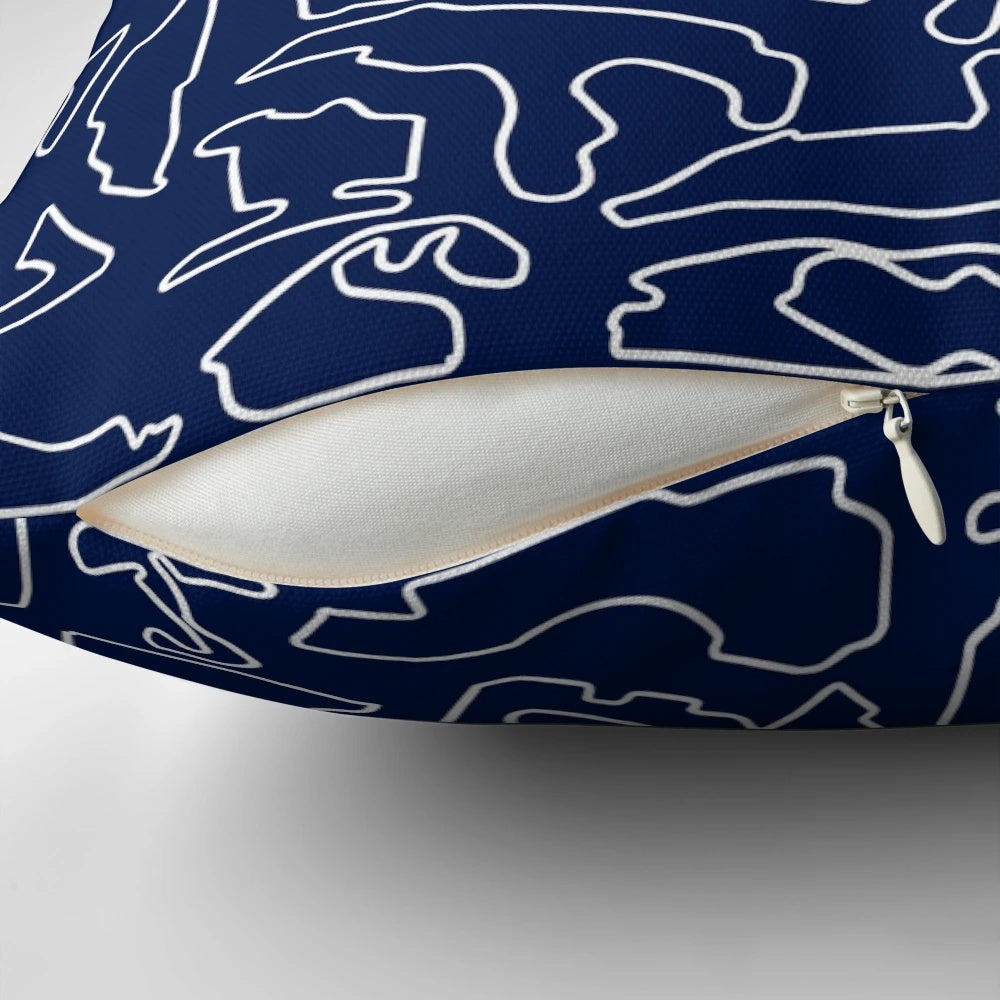 Dark blue throw pillow featuring the 2023 Formula 1 racing circuit tracks