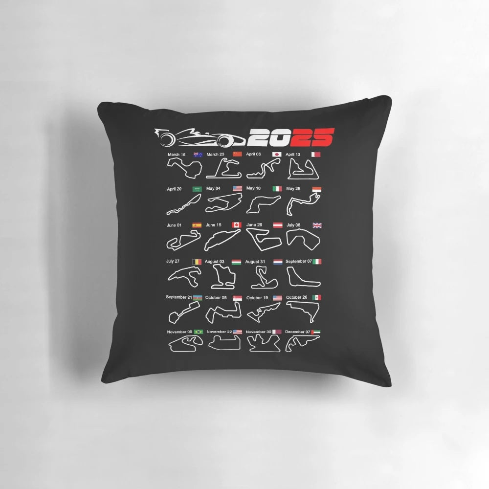 Pillow featuring the circuits of the 2025 Formula 1 season