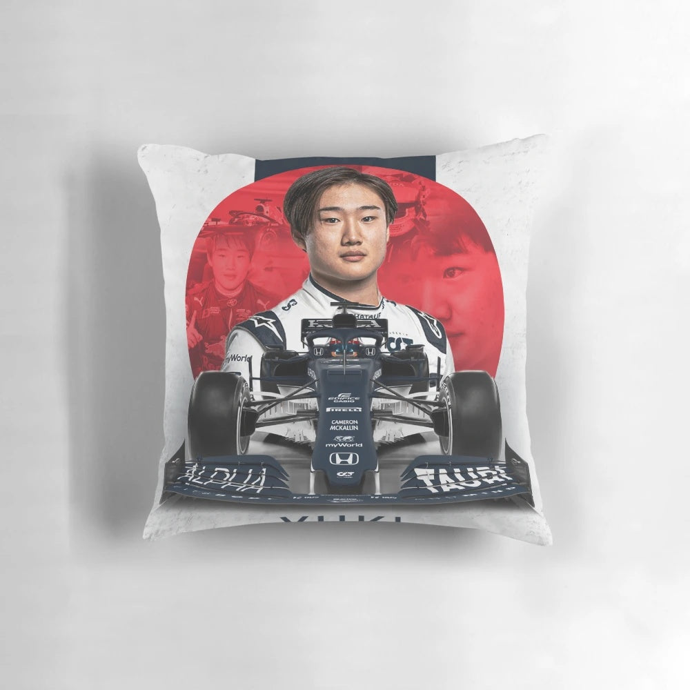 Yuki Tsunoda Formula 1 driver pillow with the AlphaTauri logo and Japanese flag