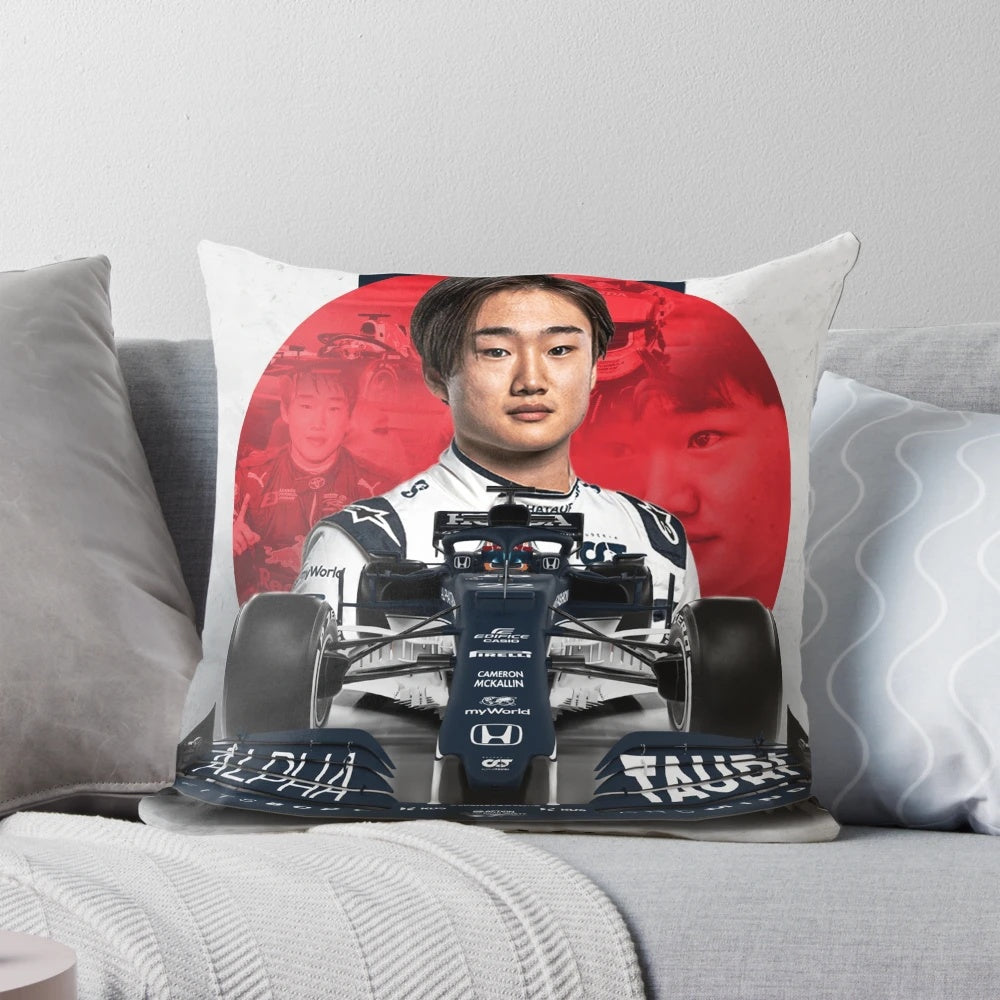 Yuki Tsunoda Formula 1 driver pillow with the AlphaTauri logo and Japanese flag