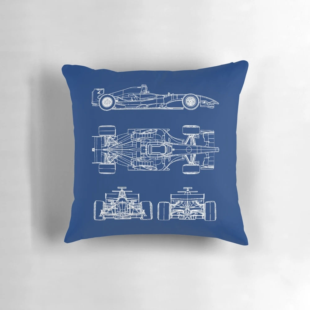 Pillow featuring a blueprint design of a Formula 1 racing car