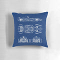 Pillow featuring a blueprint design of a Formula 1 racing car