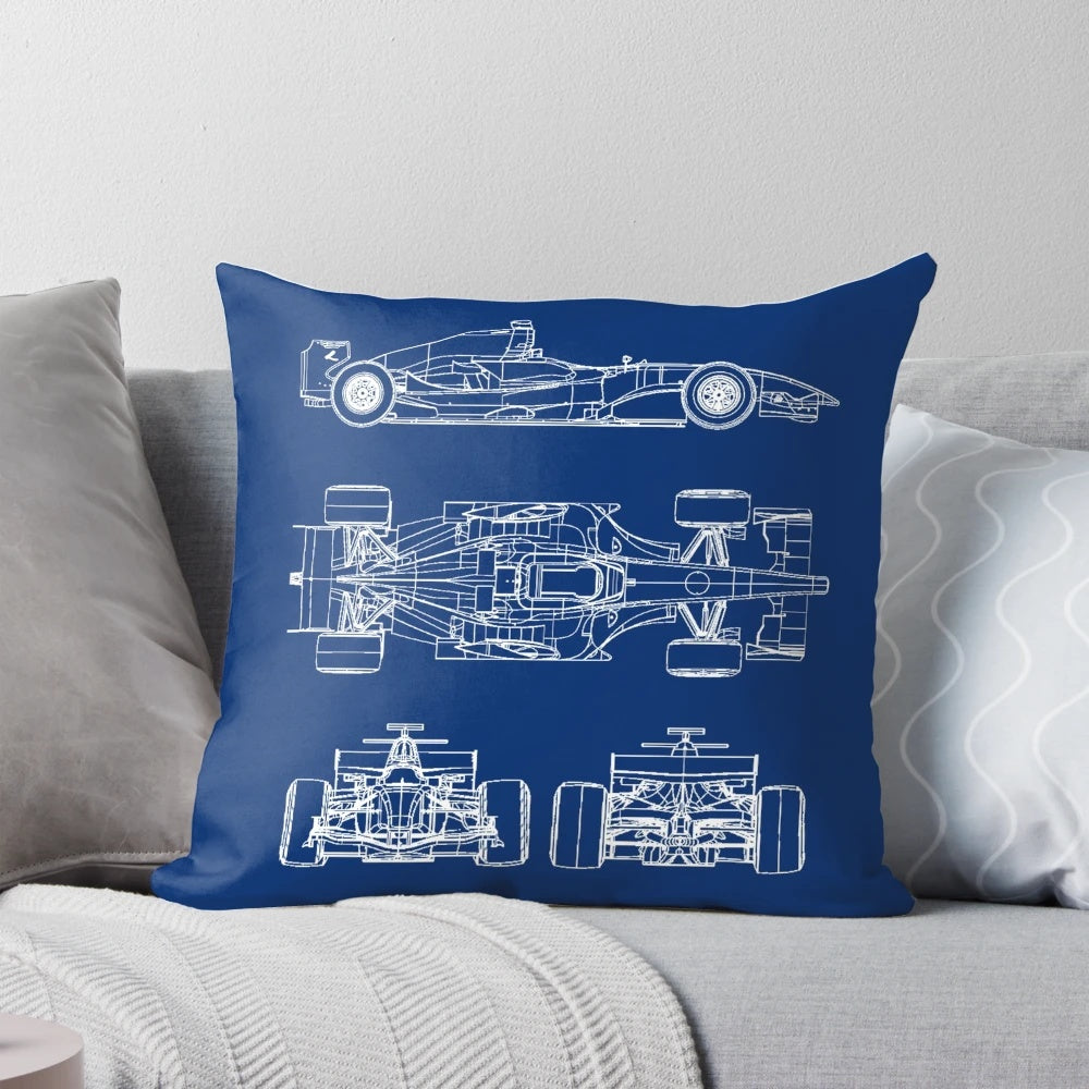 Pillow featuring a blueprint design of a Formula 1 racing car