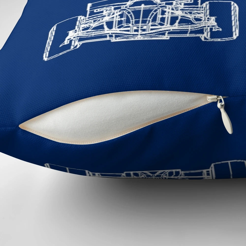 Pillow featuring a blueprint design of a Formula 1 racing car