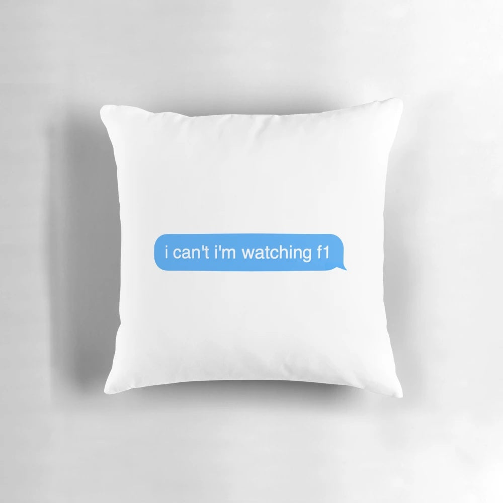 Soft and cozy pillow featuring the text 'I can't, I watch Formula 1' for Formula 1 racing fans and book lovers.