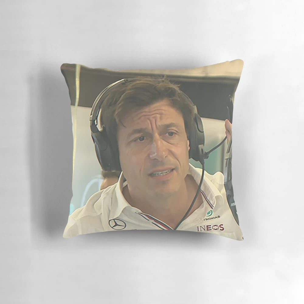 Decorative pillow featuring an illustration of Toto Wolff, the team principal of the Mercedes Formula 1 team.