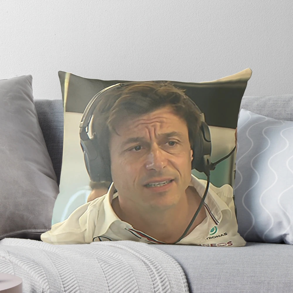 Decorative pillow featuring an illustration of Toto Wolff, the team principal of the Mercedes Formula 1 team.