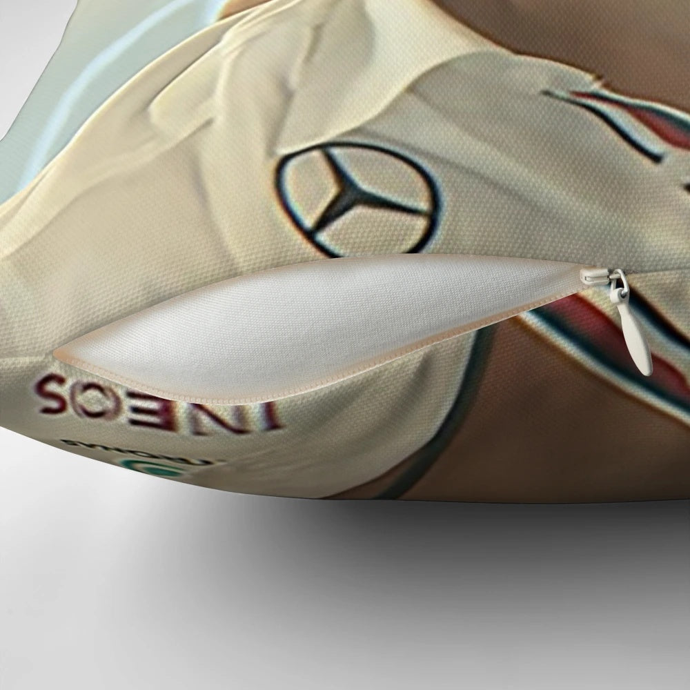 Decorative pillow featuring an illustration of Toto Wolff, the team principal of the Mercedes Formula 1 team.