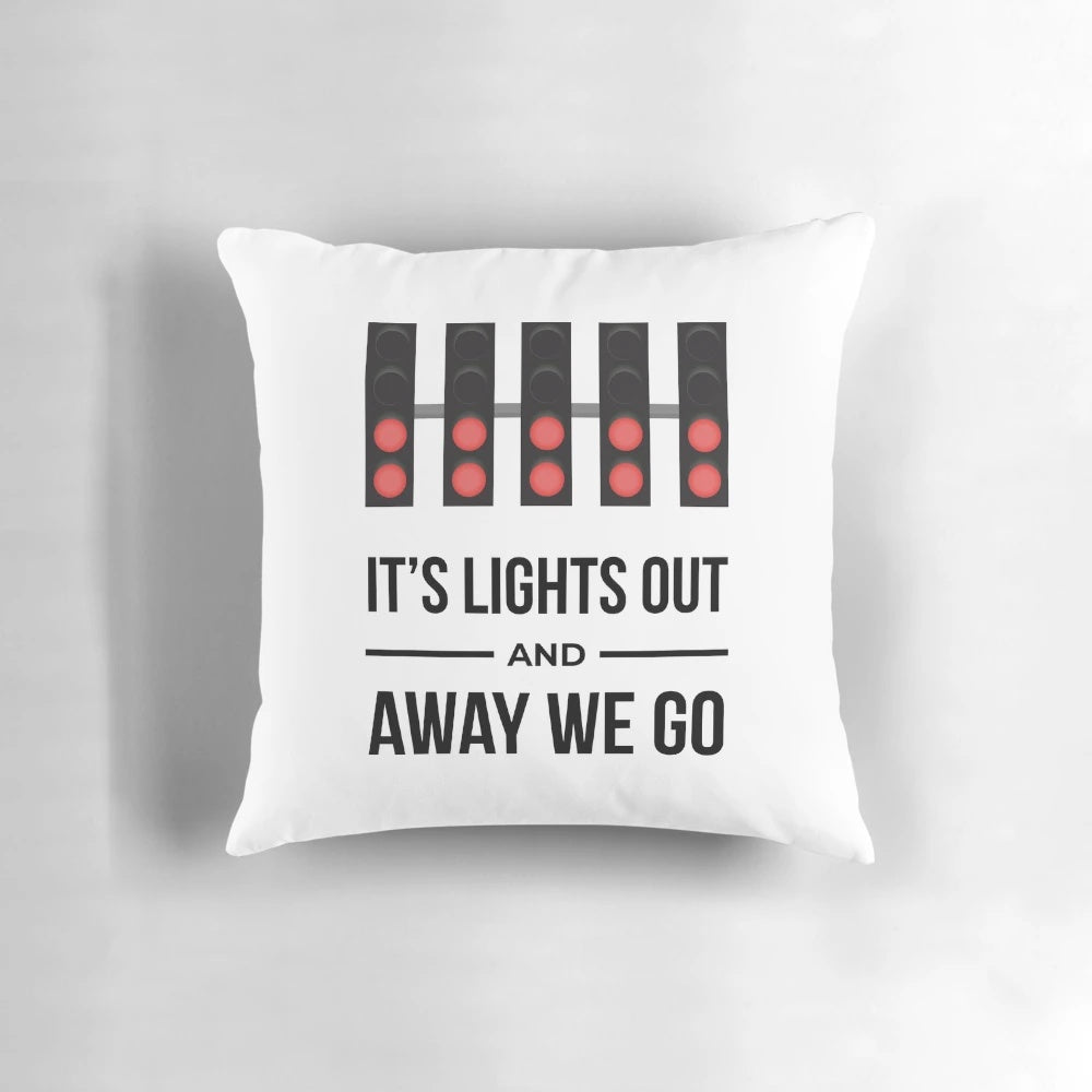 Formula One inspired "Lights Out and Away We Go" decorative throw pillow