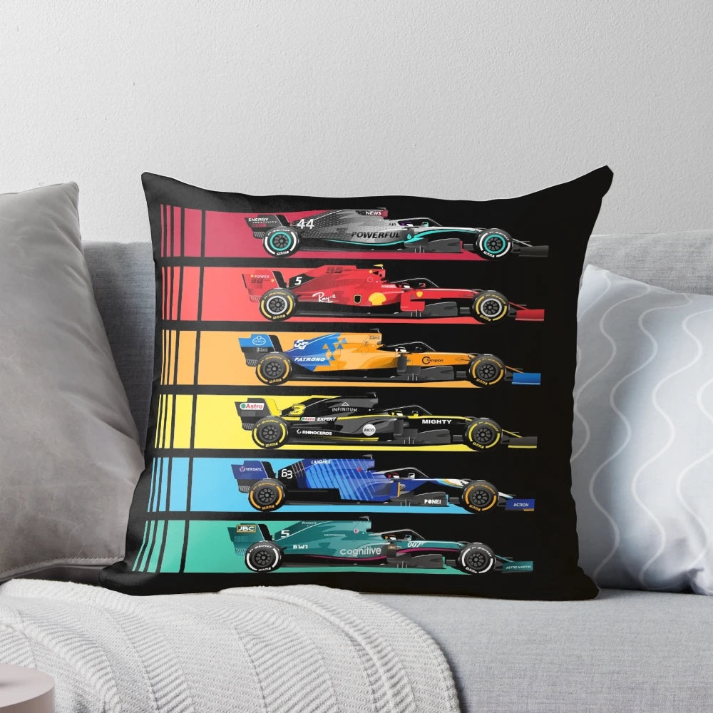 Vibrant Formula One racing car pillow with sleek design