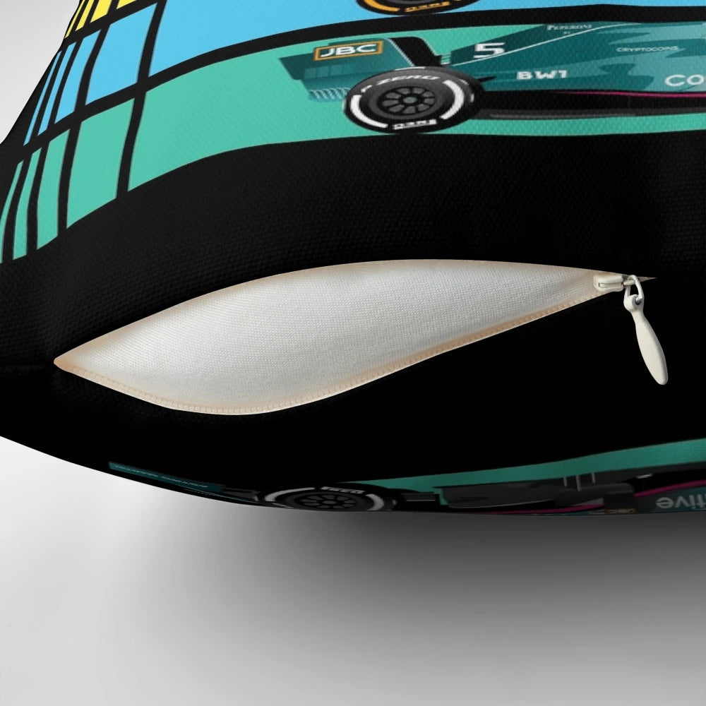 Vibrant Formula One racing car pillow with sleek design