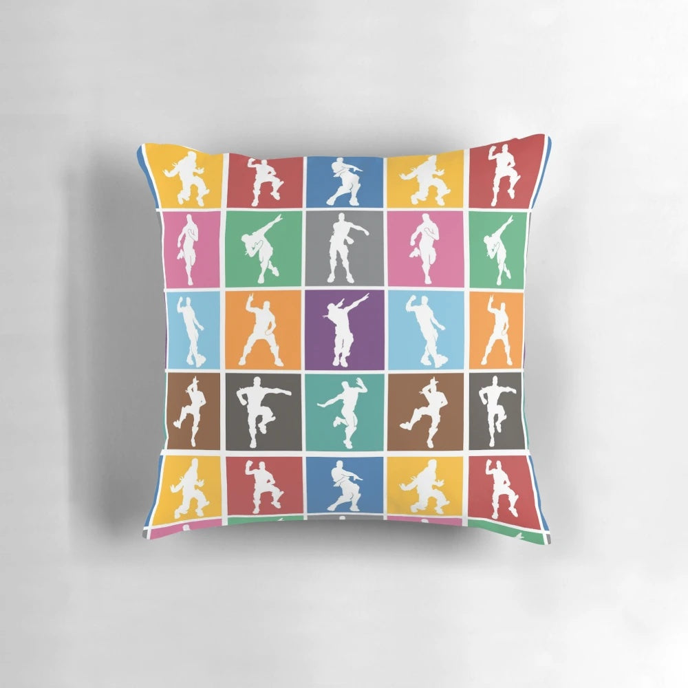Colorful lattice pattern pillow cover featuring a Fortnite-inspired victory dance design