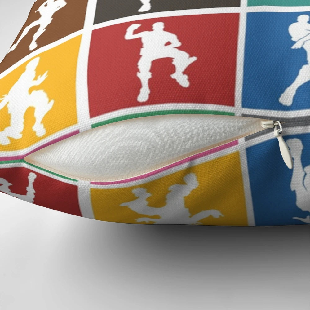 Colorful lattice pattern pillow cover featuring a Fortnite-inspired victory dance design
